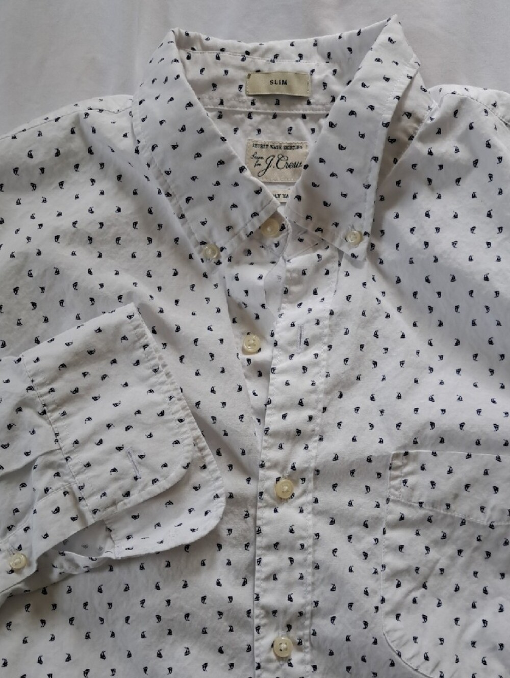 J. Crew Secret Wash Slim Fit White Button-Down Shirt with Navy Sailboat Pattern